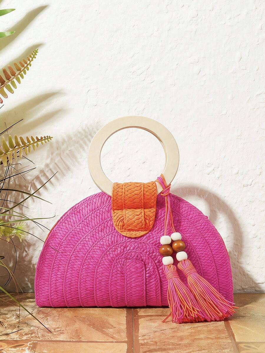 Paper Straw Color - Ladies Round Wooden Arm Two-Color Straw